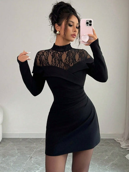 Lace Yoke Long Sleeve Mini Dress