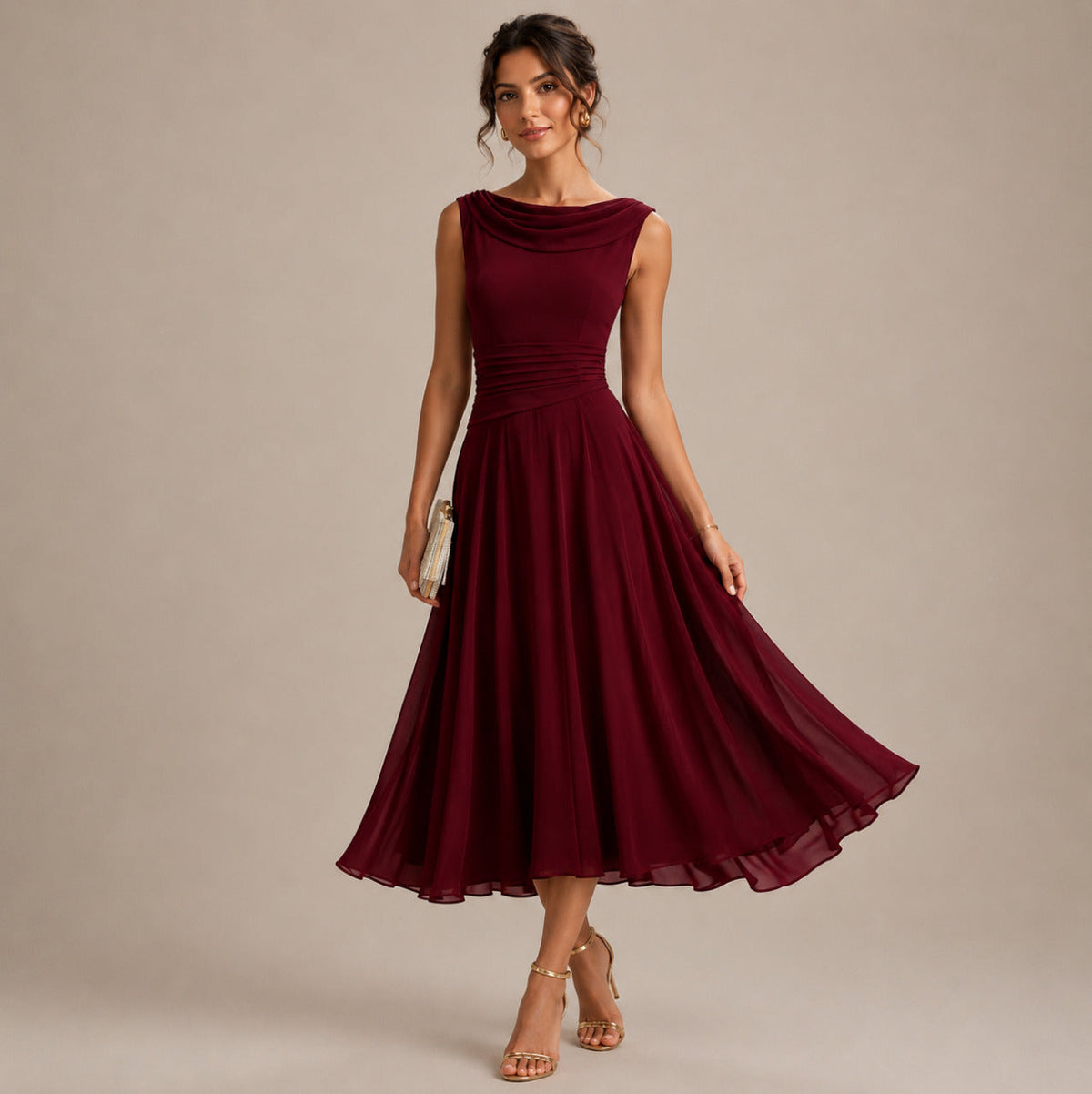 Chiffon Cowl Midi Dress