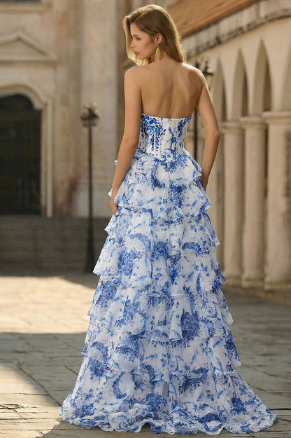 Floral Strapless Tiered Maxi Dress