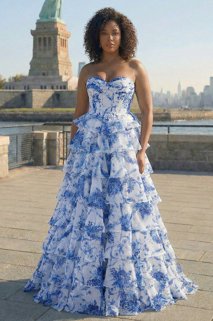 Floral Strapless Tiered Maxi Dress