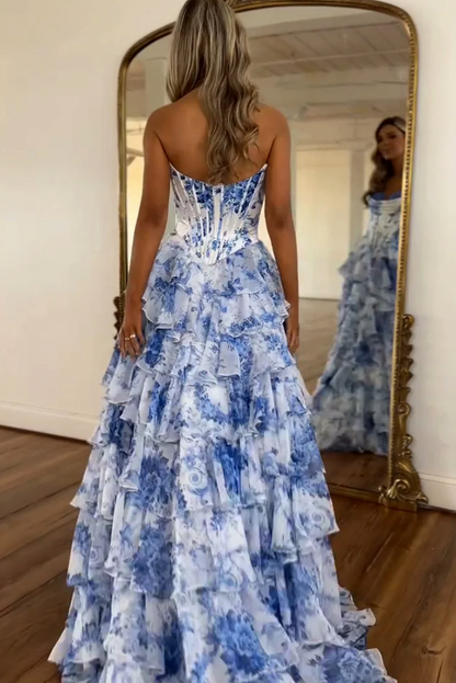 Floral Strapless Tiered Maxi Dress