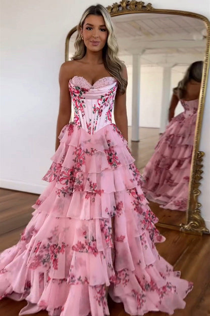 Floral Strapless Tiered Maxi Dress