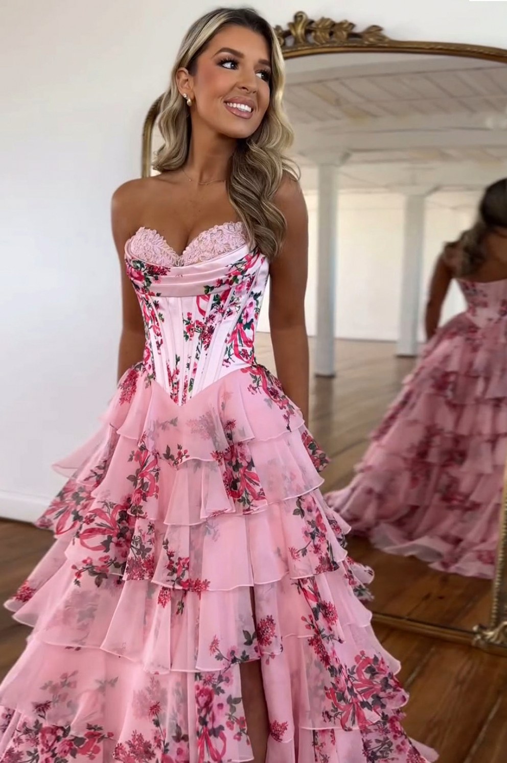 Floral Strapless Tiered Maxi Dress