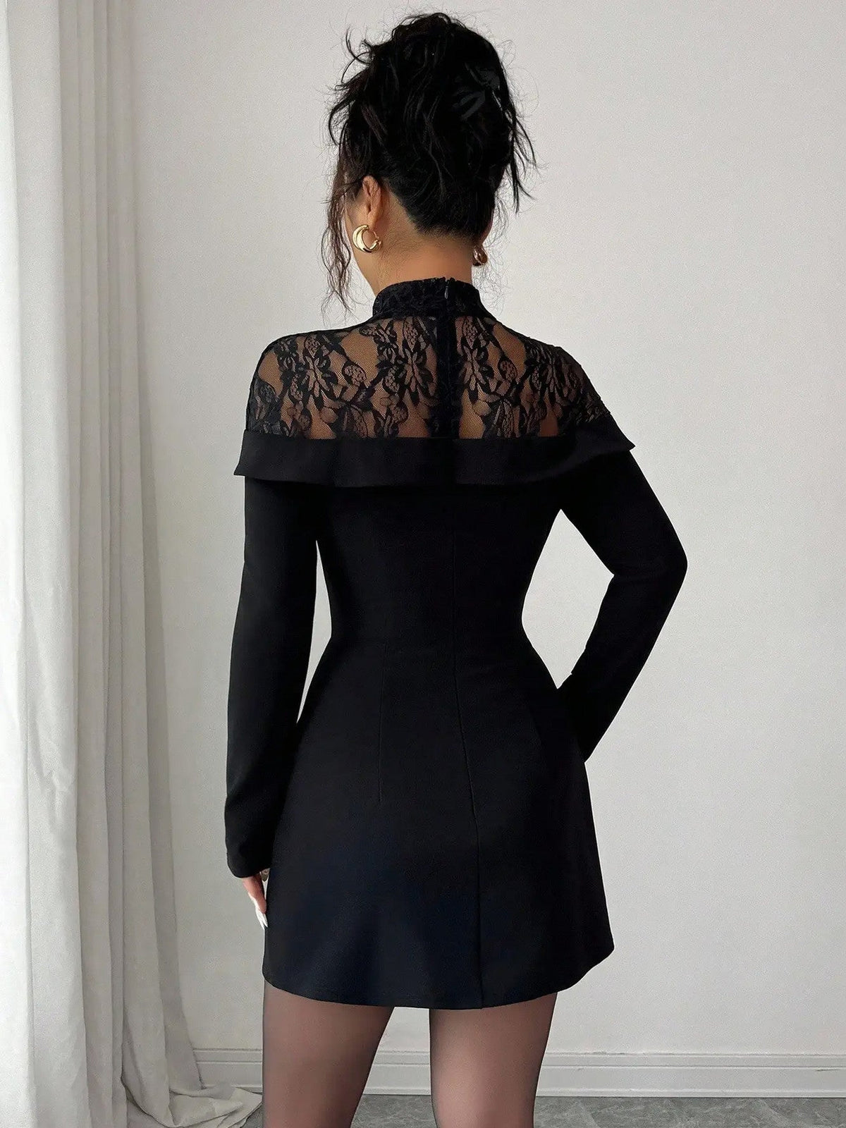 Lace Yoke Long Sleeve Mini Dress