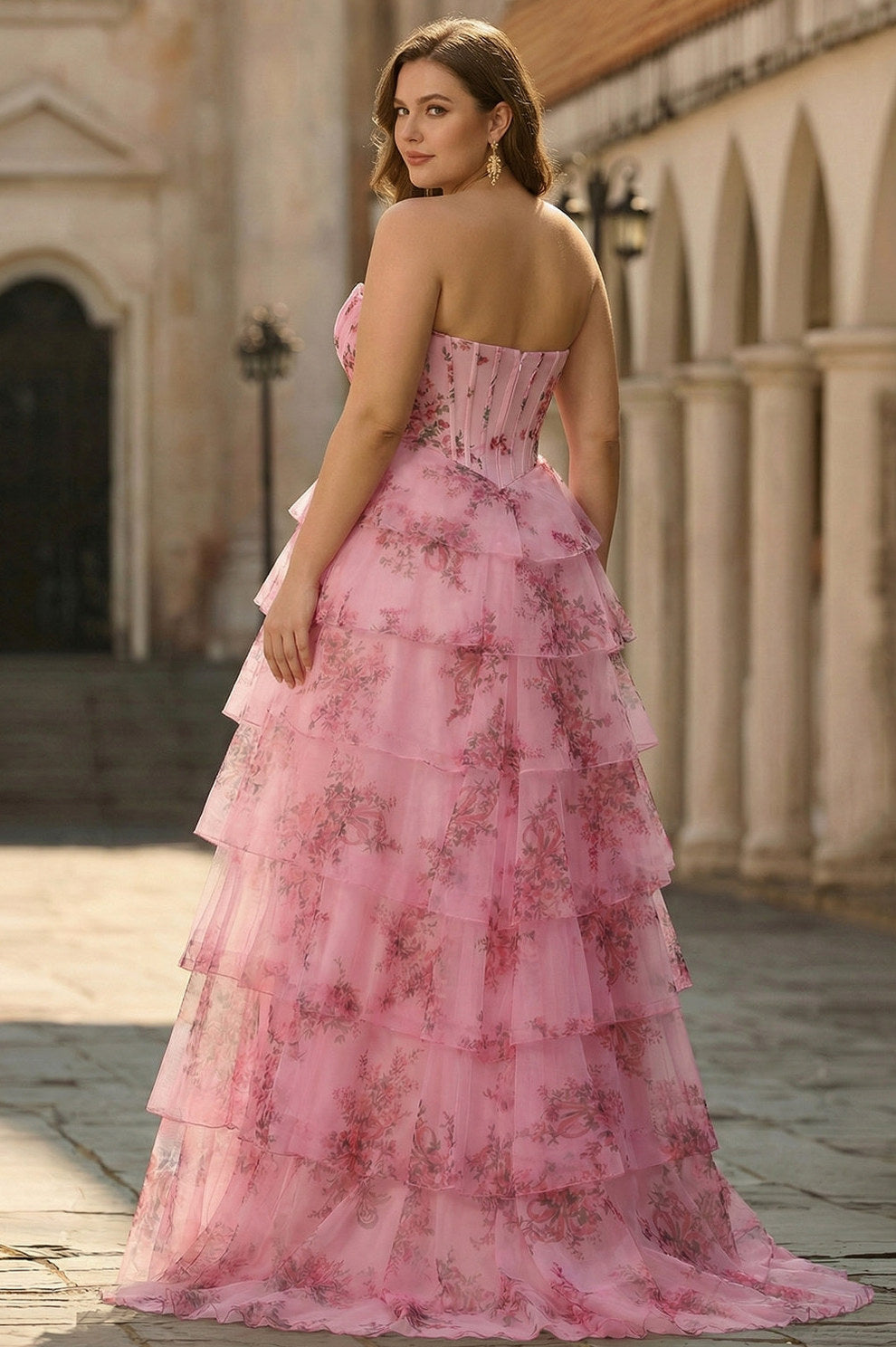 Floral Strapless Tiered Maxi Dress