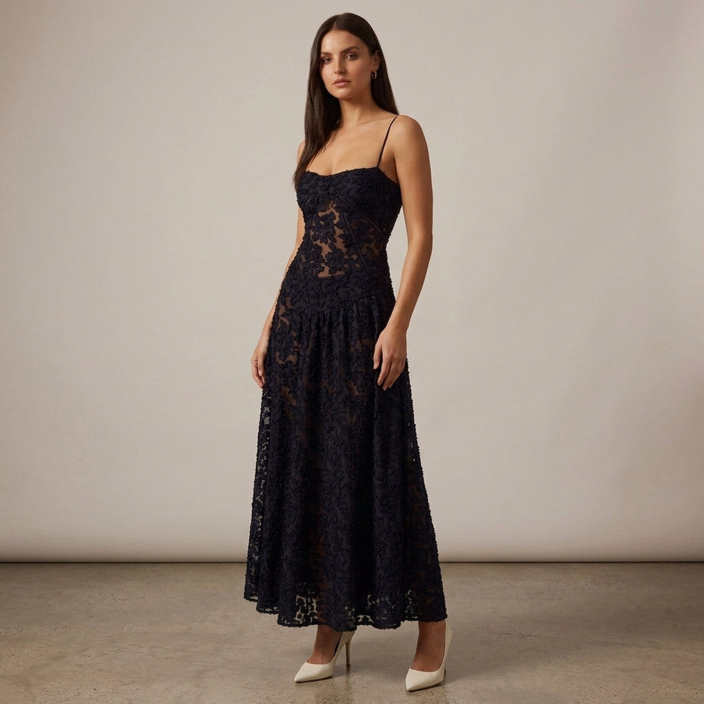 Jacquard Sweetheart Neck Maxi Dress