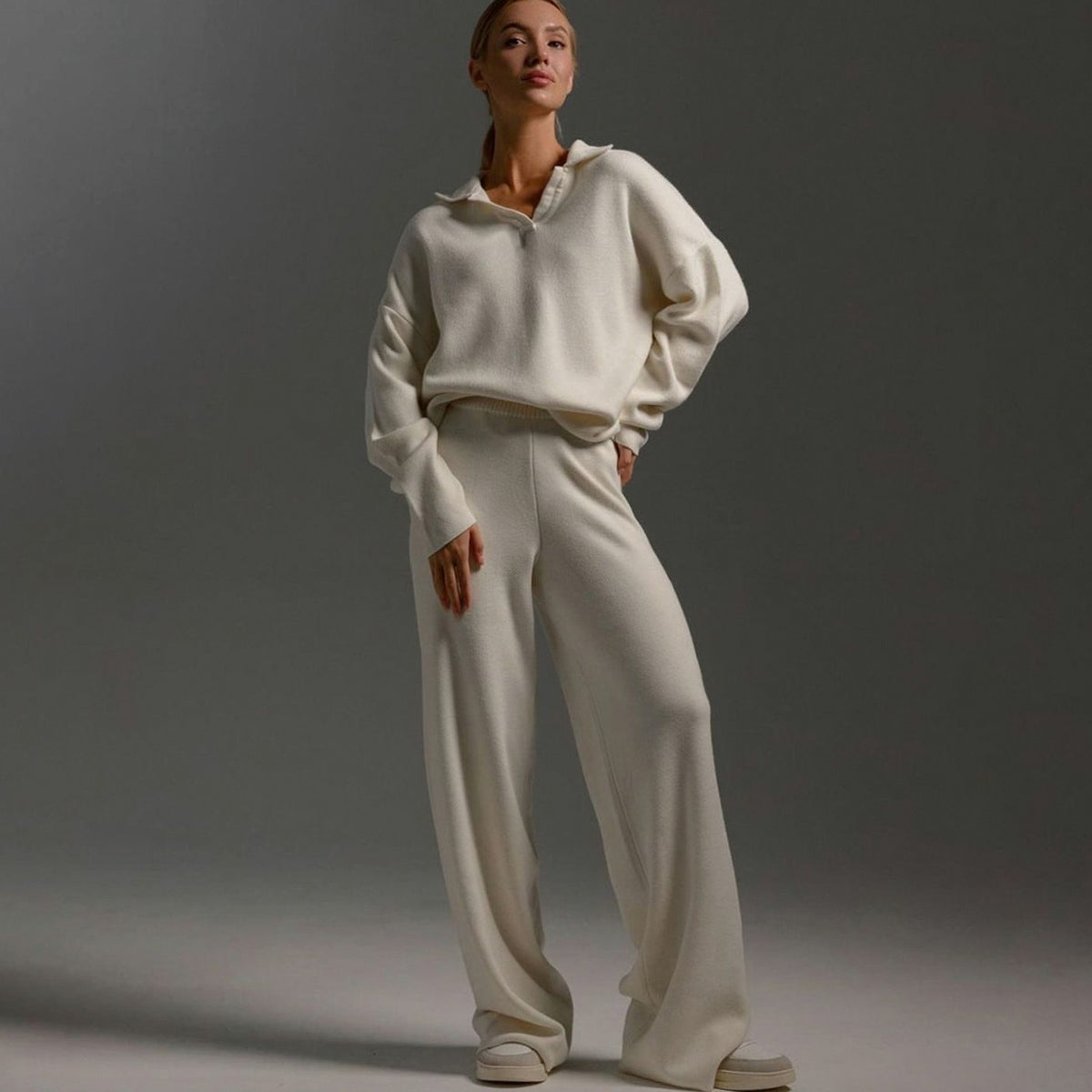 Oversized Polo Collar Knit Wide Leg Set