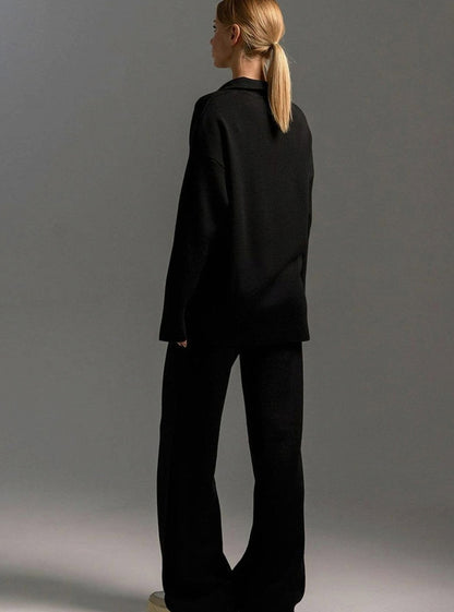 Oversized Polo Collar Knit Wide Leg Set