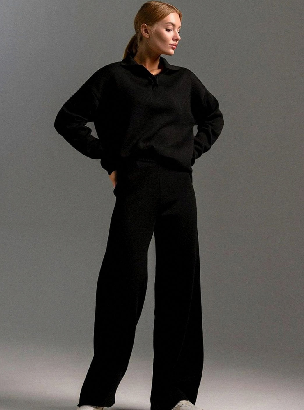 Oversized Polo Collar Knit Wide Leg Set
