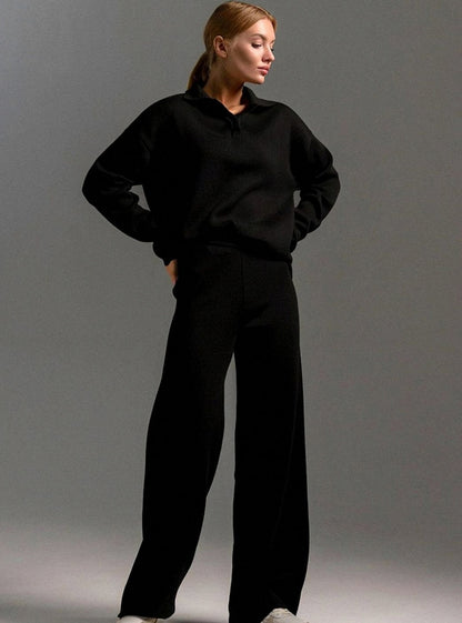 Oversized Polo Collar Knit Wide Leg Set