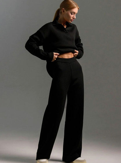Oversized Polo Collar Knit Wide Leg Set