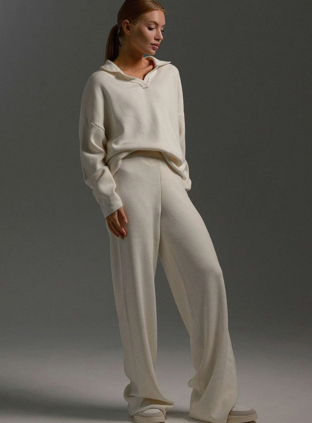 Oversized Polo Collar Knit Wide Leg Set