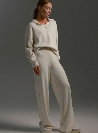 Oversized Polo Collar Knit Wide Leg Set