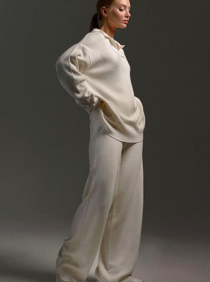 Oversized Polo Collar Knit Wide Leg Set