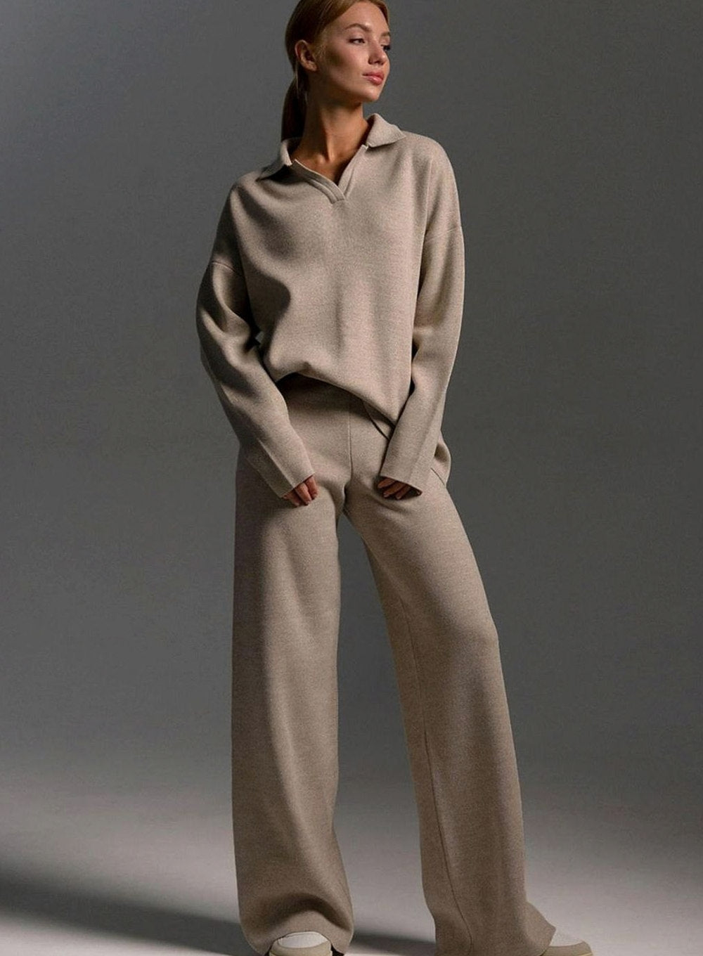 Oversized Polo Collar Knit Wide Leg Set