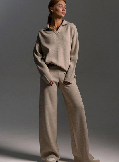 Oversized Polo Collar Knit Wide Leg Set