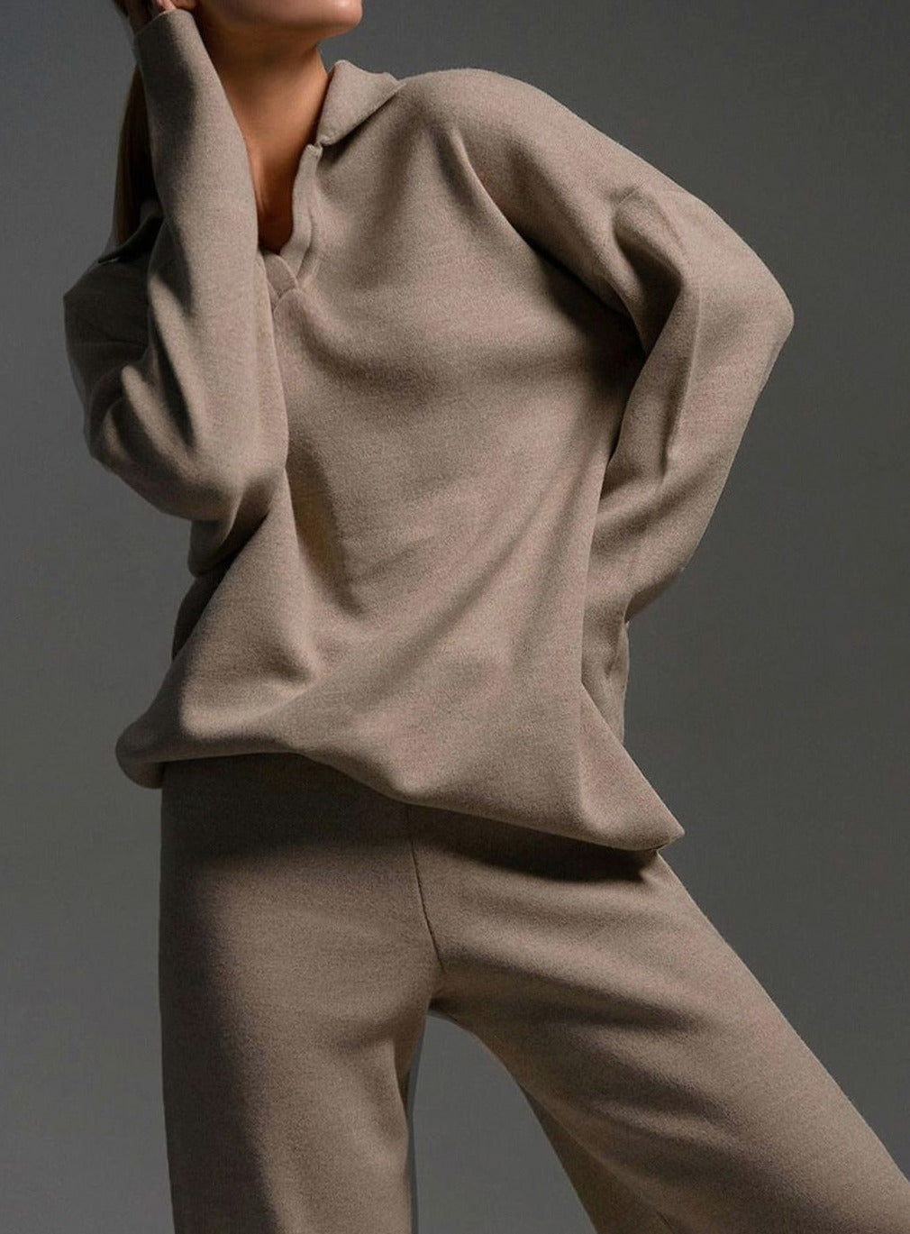 Oversized Polo Collar Knit Wide Leg Set