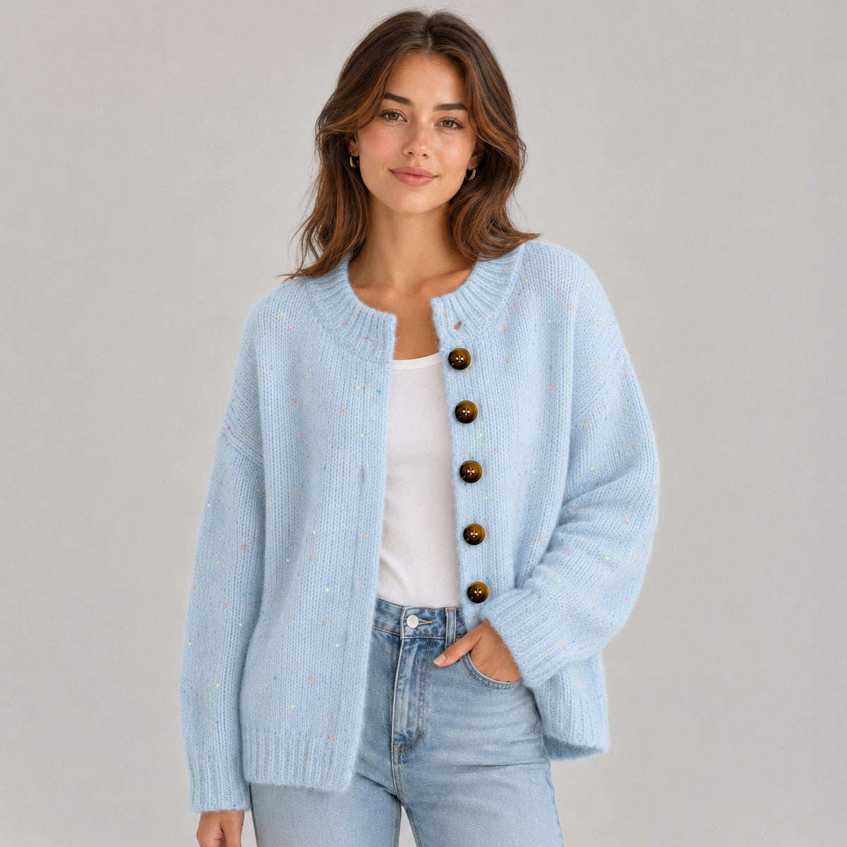 Knit Crewneck Button Front Cardigan