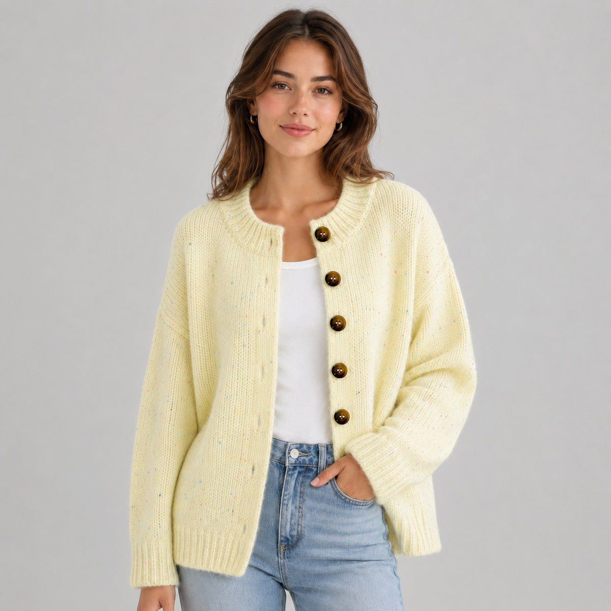 Knit Crewneck Button Front Cardigan