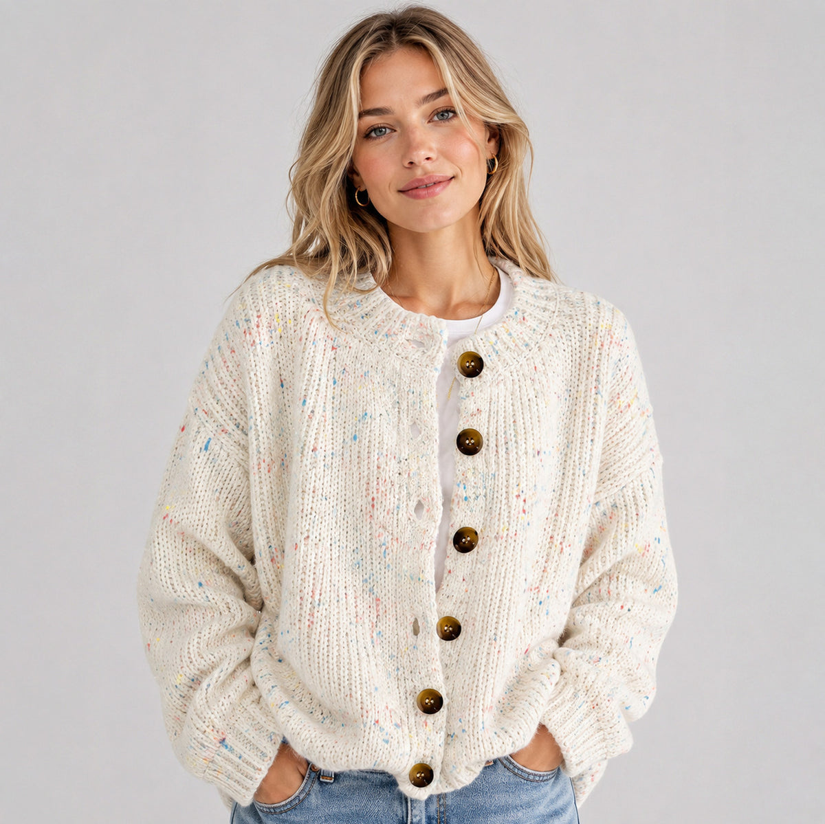 Knit Crewneck Button Front Cardigan