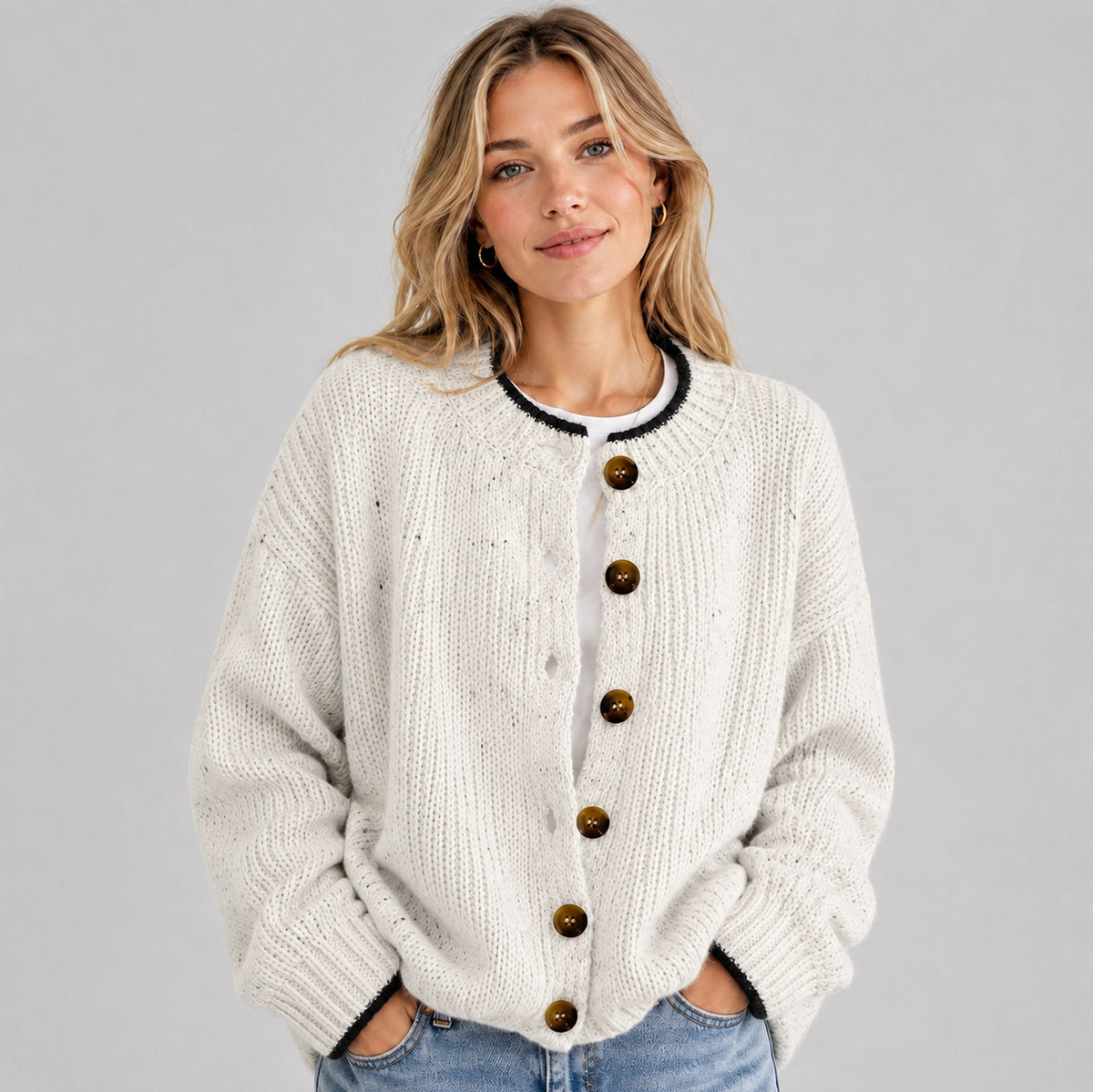 Knit Crewneck Button Front Cardigan