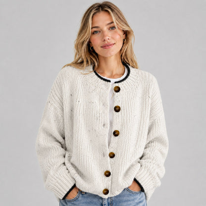 Knit Crewneck Button Front Cardigan