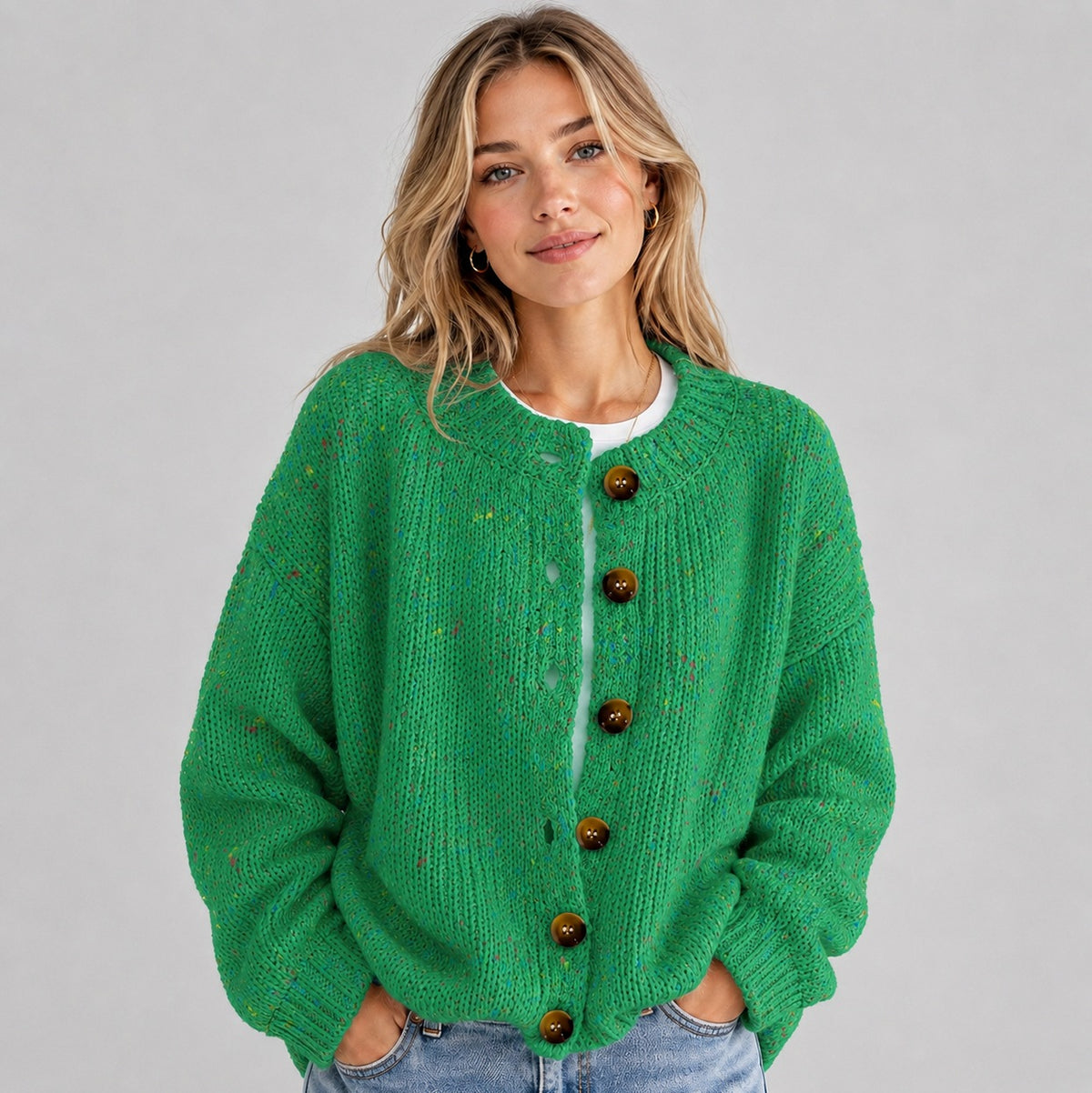 Knit Crewneck Button Front Cardigan