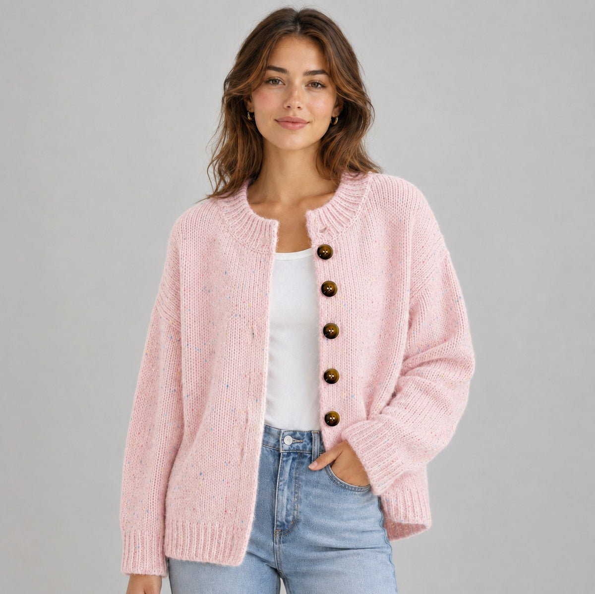 Knit Crewneck Button Front Cardigan