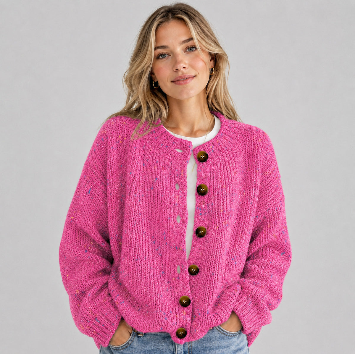 Knit Crewneck Button Front Cardigan