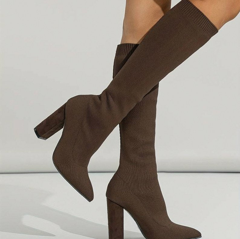 Knit Pointed Toe Knee High Boots