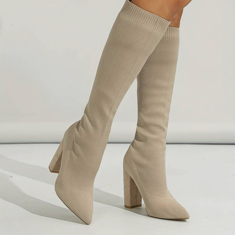 Knit Pointed Toe Knee High Boots
