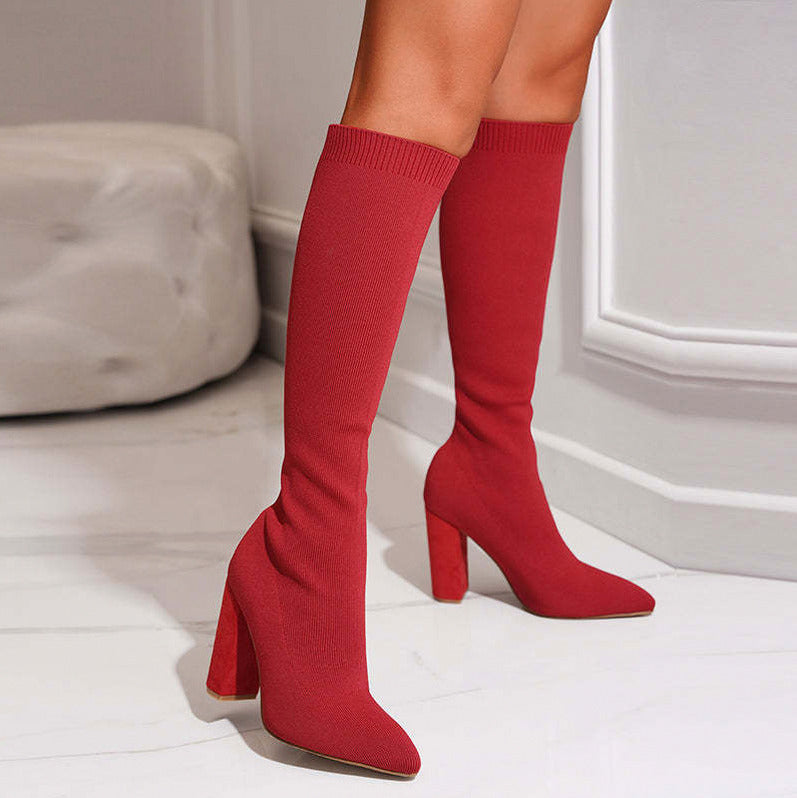 Knit Pointed Toe Knee High Boots