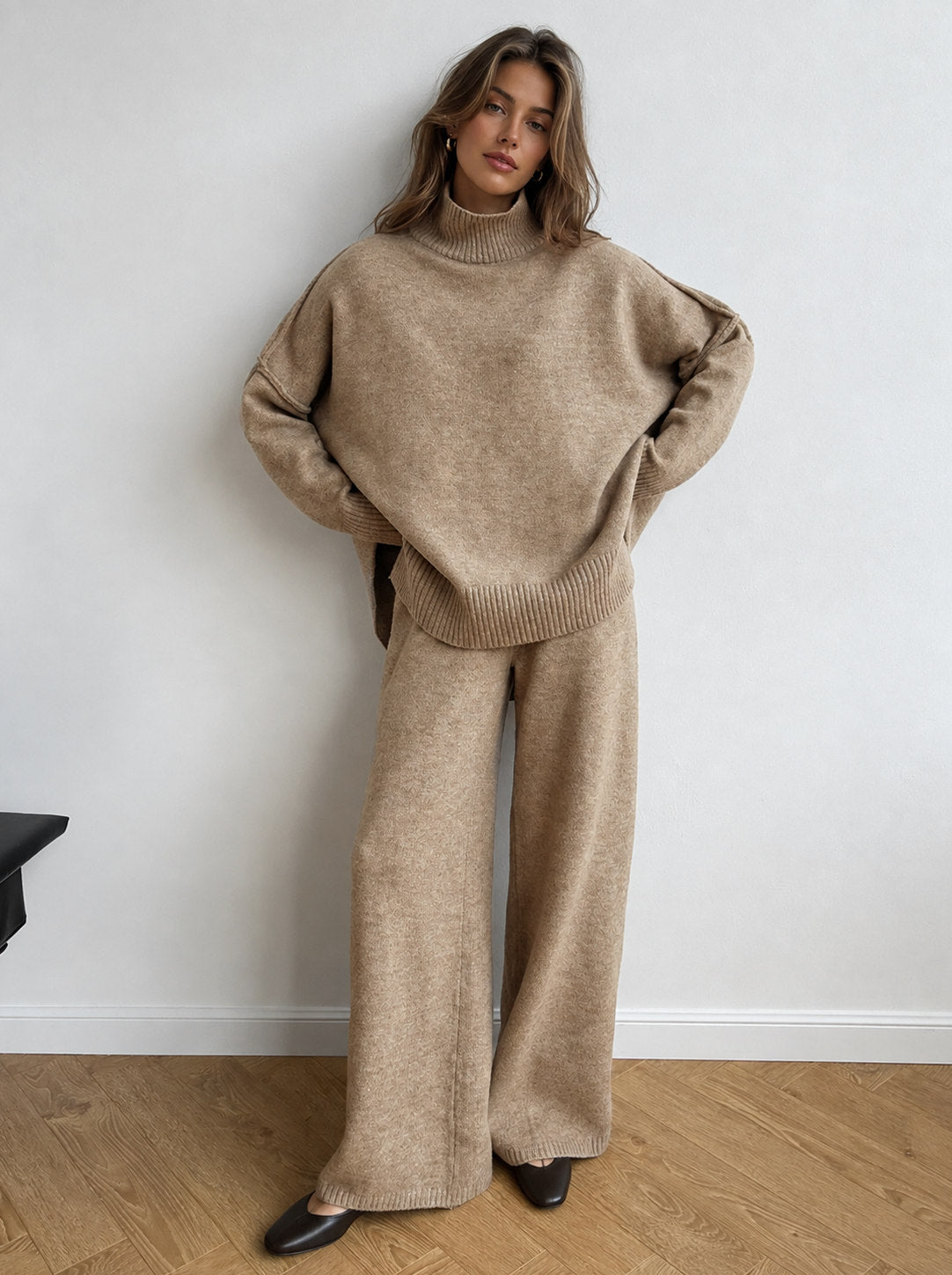 Knit Turtleneck Wide Leg Matching Set