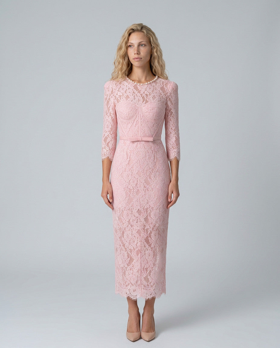 Lace Corset Belted Midi Dress