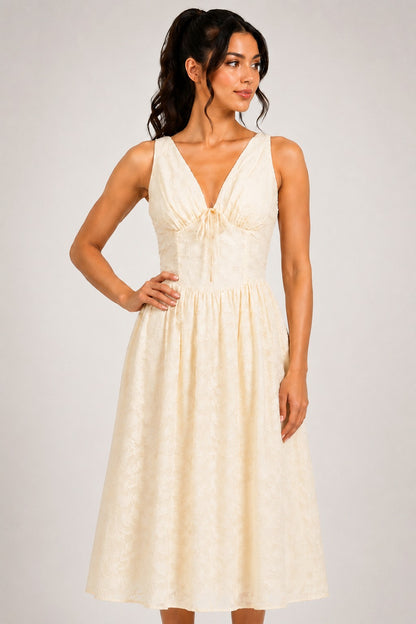 Lace Corset Tie Front Midi Dress