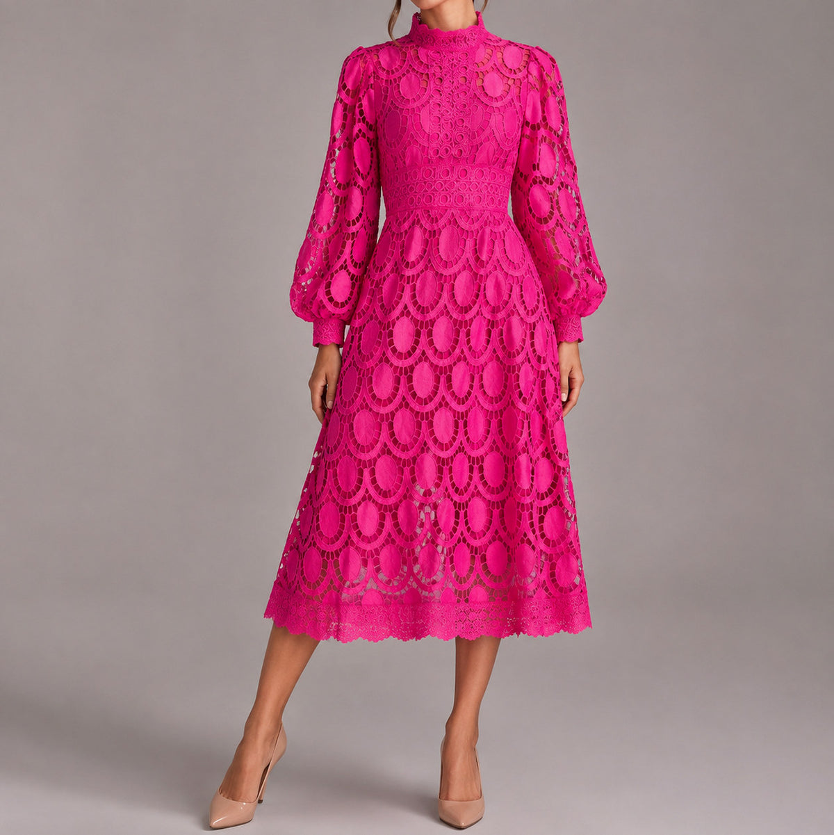 Lace Long Bishop Sleeve Midi Dress