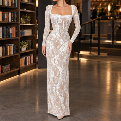 Lace Long Sleeve Corset Maxi Dress