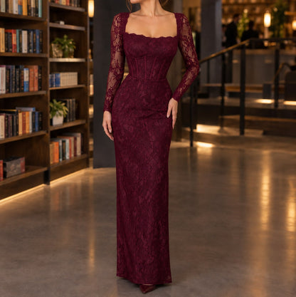 Lace Long Sleeve Corset Maxi Dress