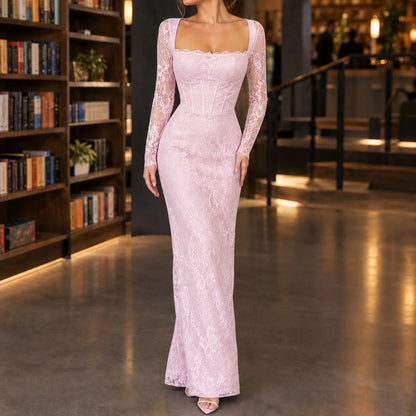 Lace Long Sleeve Corset Maxi Dress