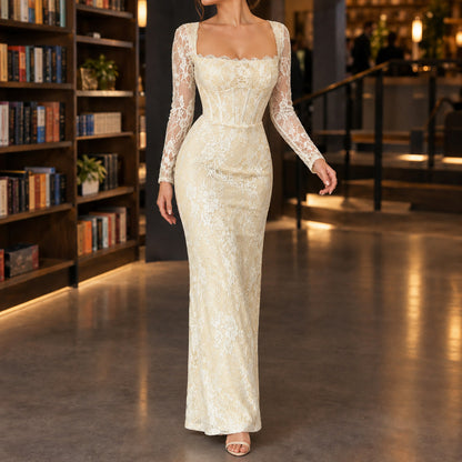 Lace Long Sleeve Corset Maxi Dress