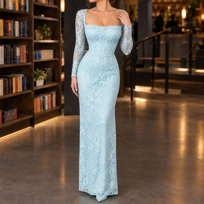 Lace Long Sleeve Corset Maxi Dress