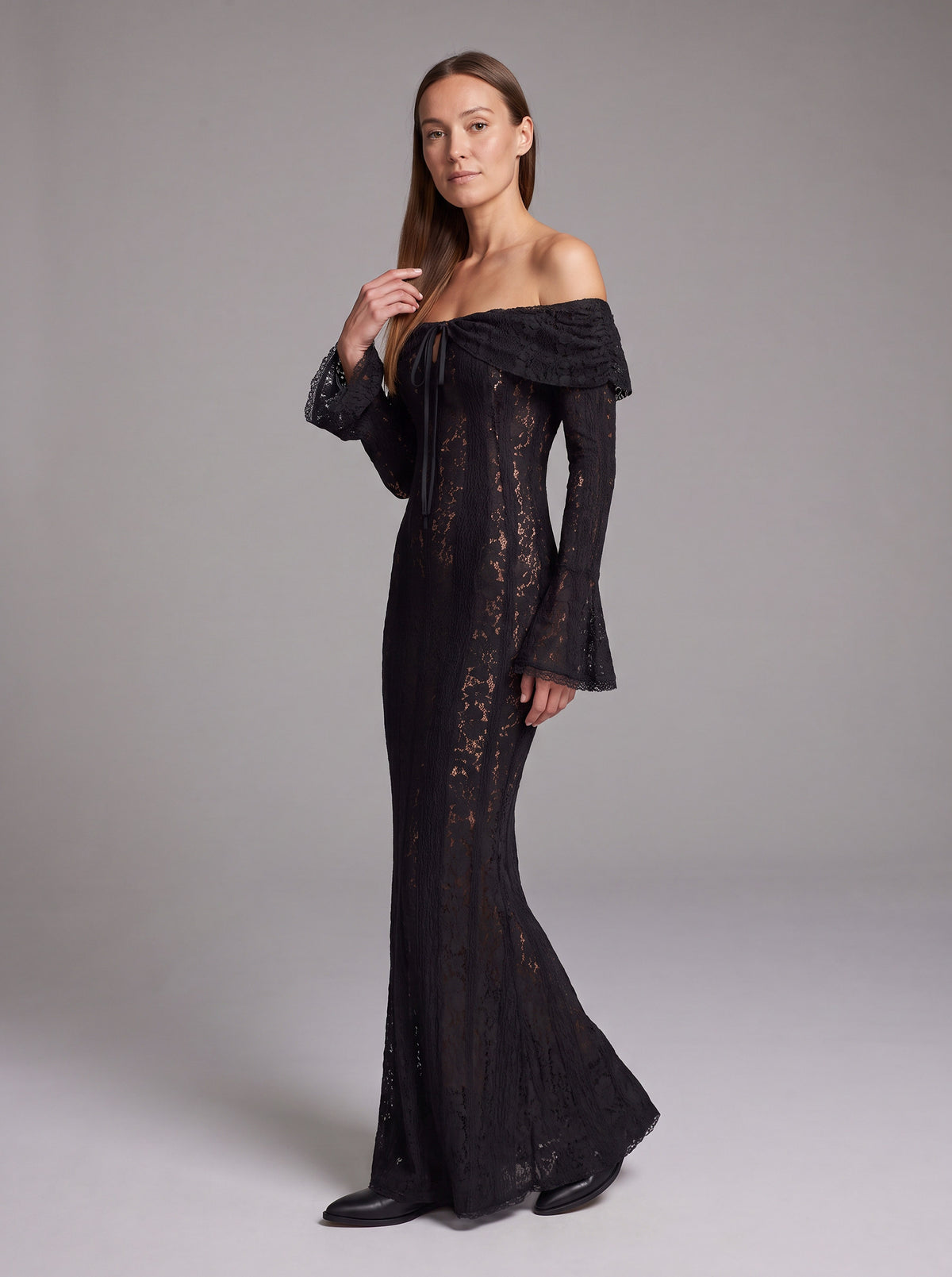Lace Off Shoulder Long Sleeve Maxi Dress