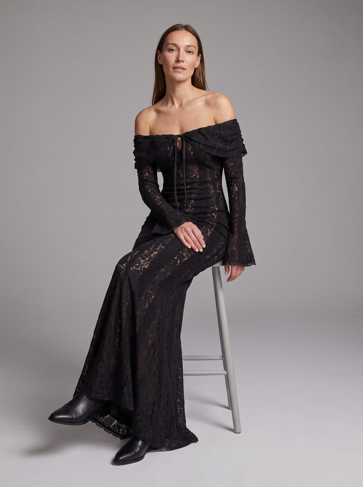 Lace Off Shoulder Long Sleeve Maxi Dress