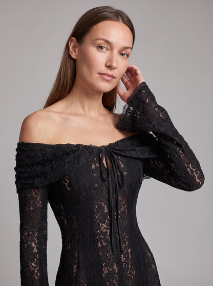 Lace Off Shoulder Long Sleeve Maxi Dress
