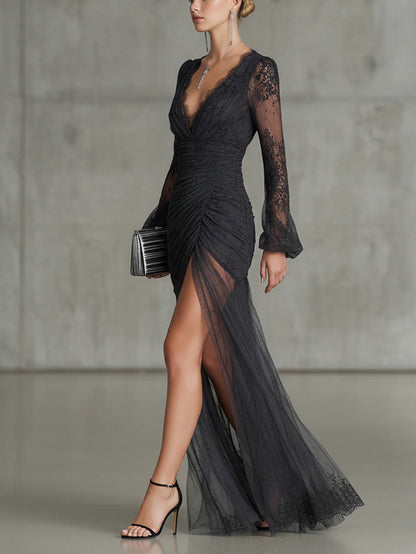 Lace Ruched Split Maxi Dress