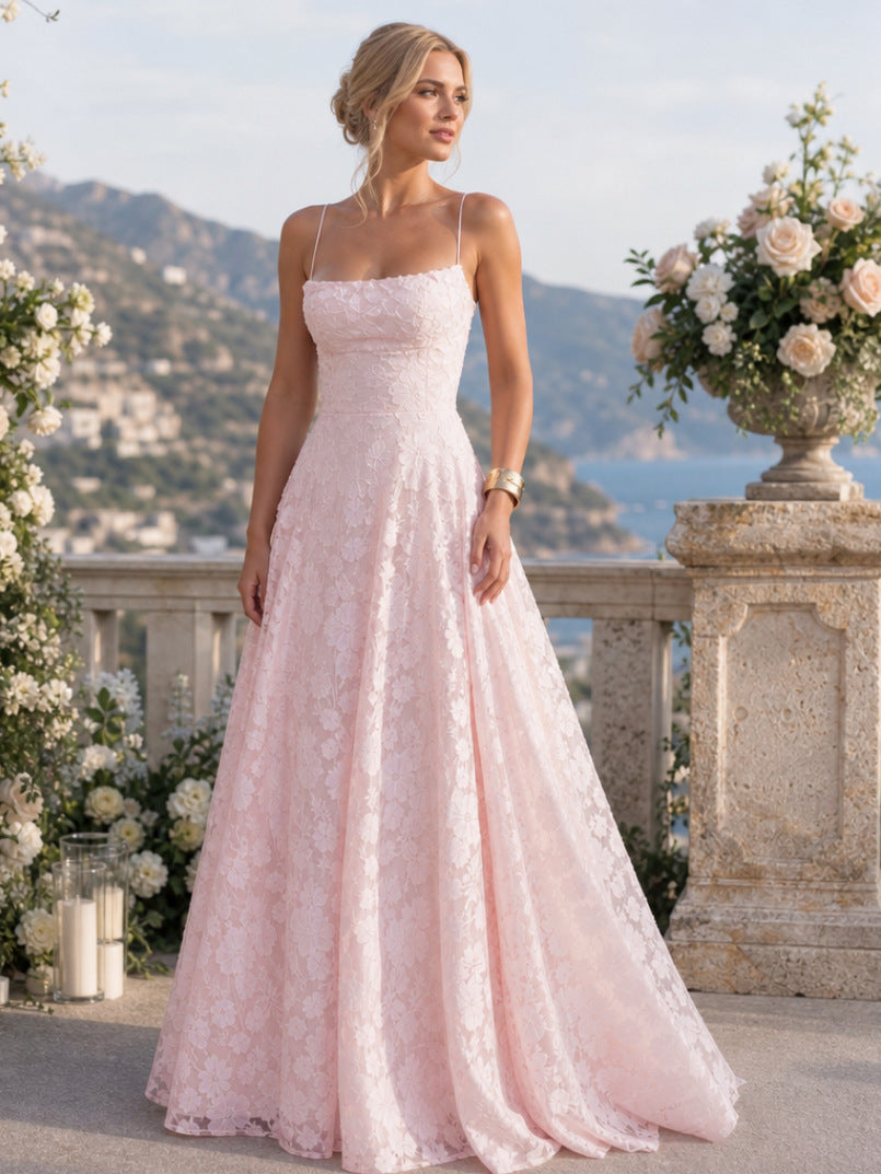Lace Square Neck A-Line Maxi Dress