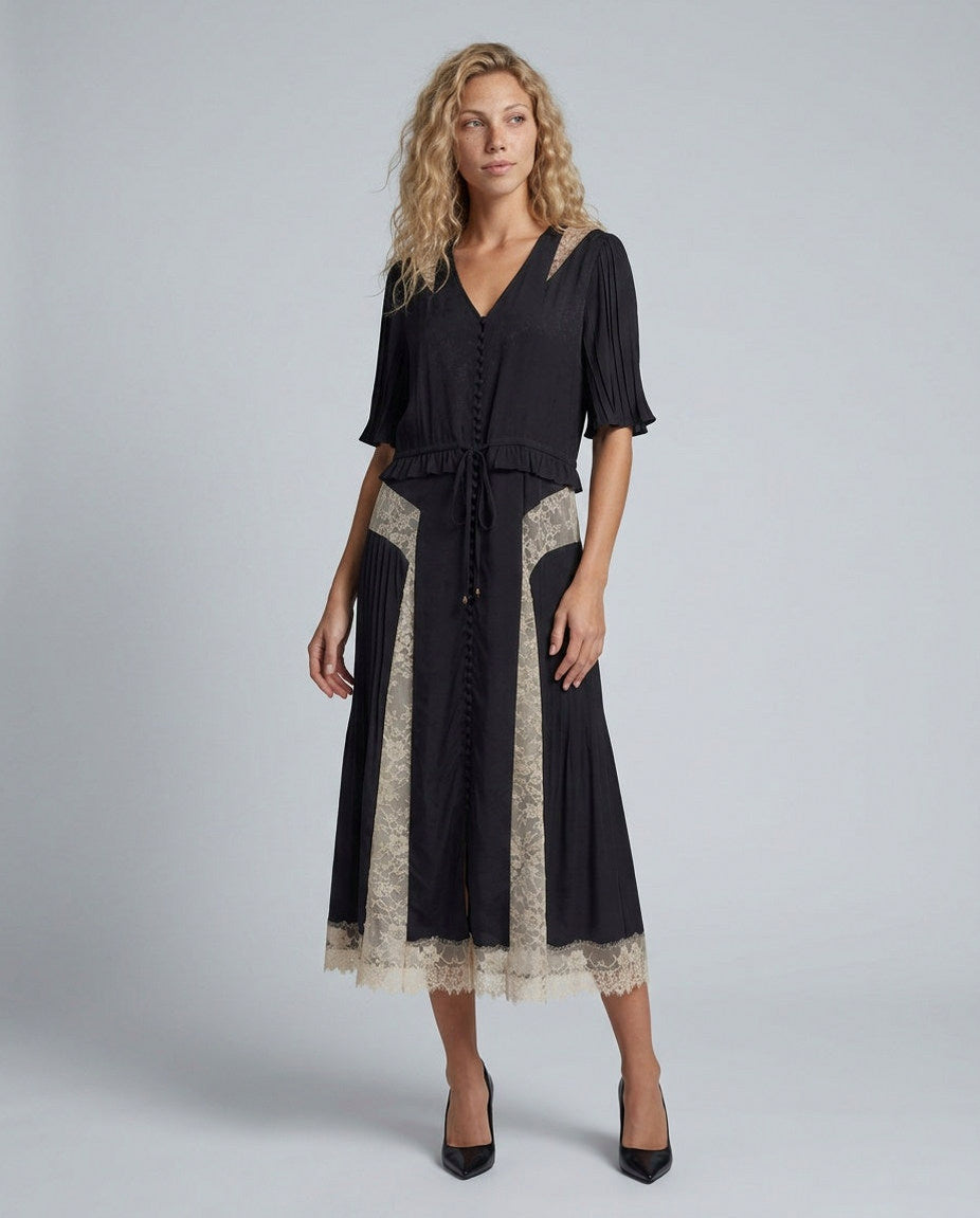 Lace Trim Button Front Midi Dress