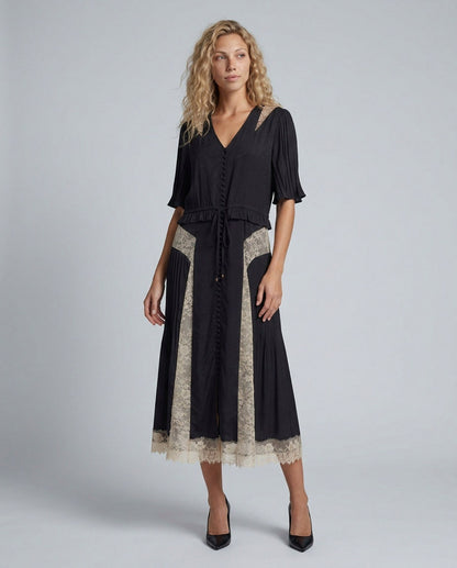 Lace Trim Button Front Midi Dress