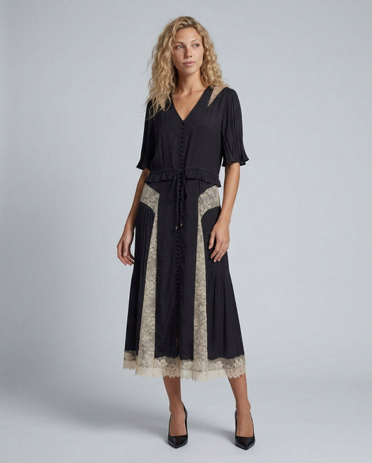 Lace Trim Button Front Midi Dress