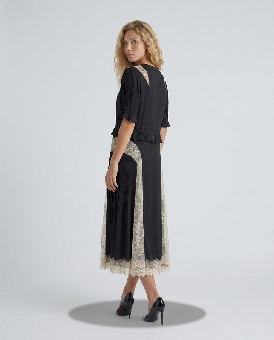 Lace Trim Button Front Midi Dress